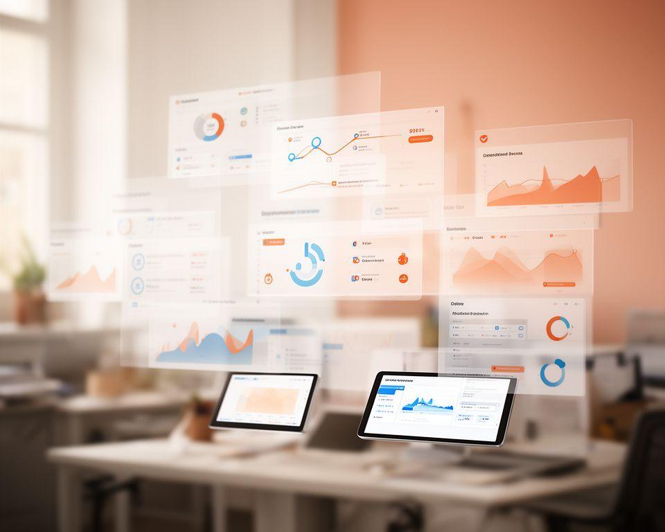 Modern analytics workspace with layered dashboard screens showing live metrics, navigation routes and operational summaries in a refined office setting