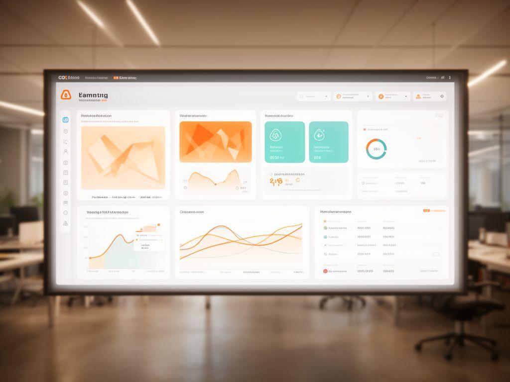 Operational AI dashboard displayed on a wide screen in a modern office with route metrics, alerts, and performance charts