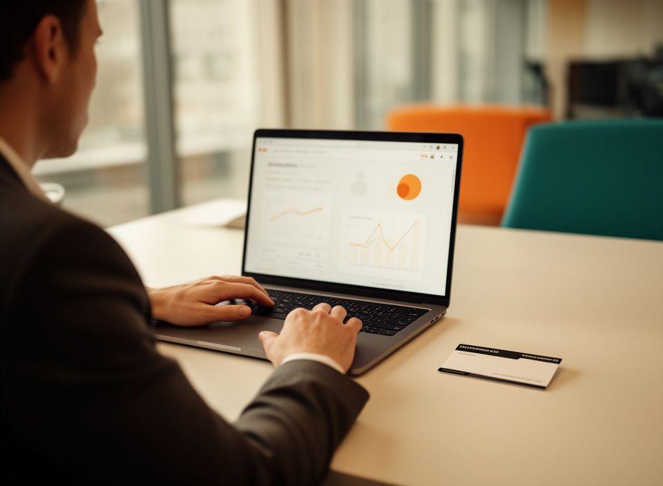 A compliance specialist reviewing secure analytics policies on a laptop in a modern Dublin office