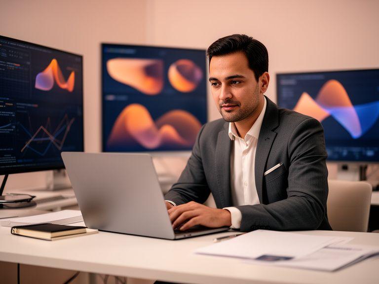 Data science lead at a laptop with predictive charts and notebooks in a quiet studio workspace