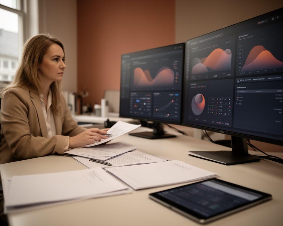 Business analyst reviewing compliance notes beside multiple dashboard screens in a modern Dublin office